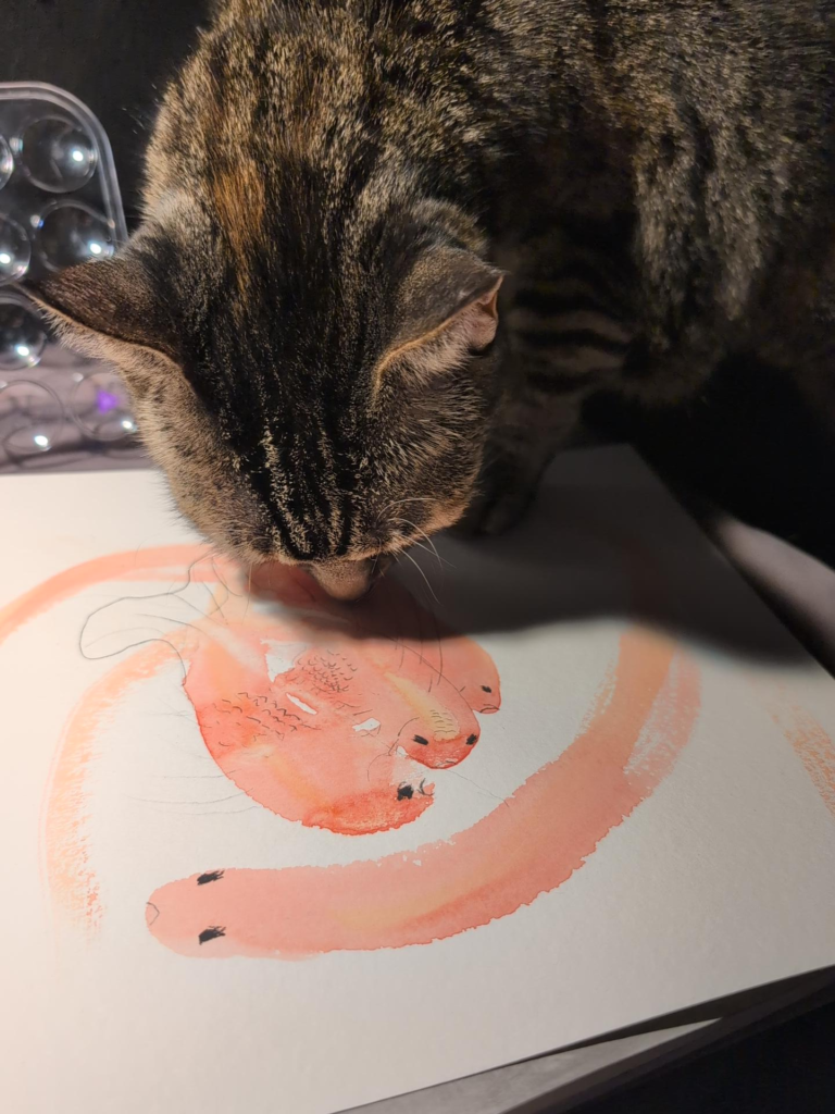 Coral-toned watercolor brushstrokes forming a flowing fish, an exploration of spontaneous painting